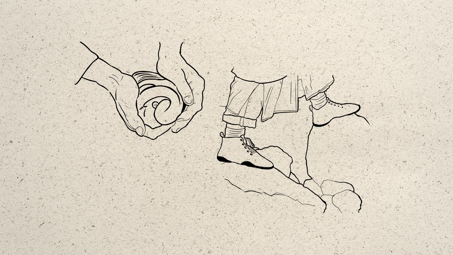 Wildling Shoes Illustration — Hände, die eine gerollte Form halten, neben einem Barfußschuh auf Steinen